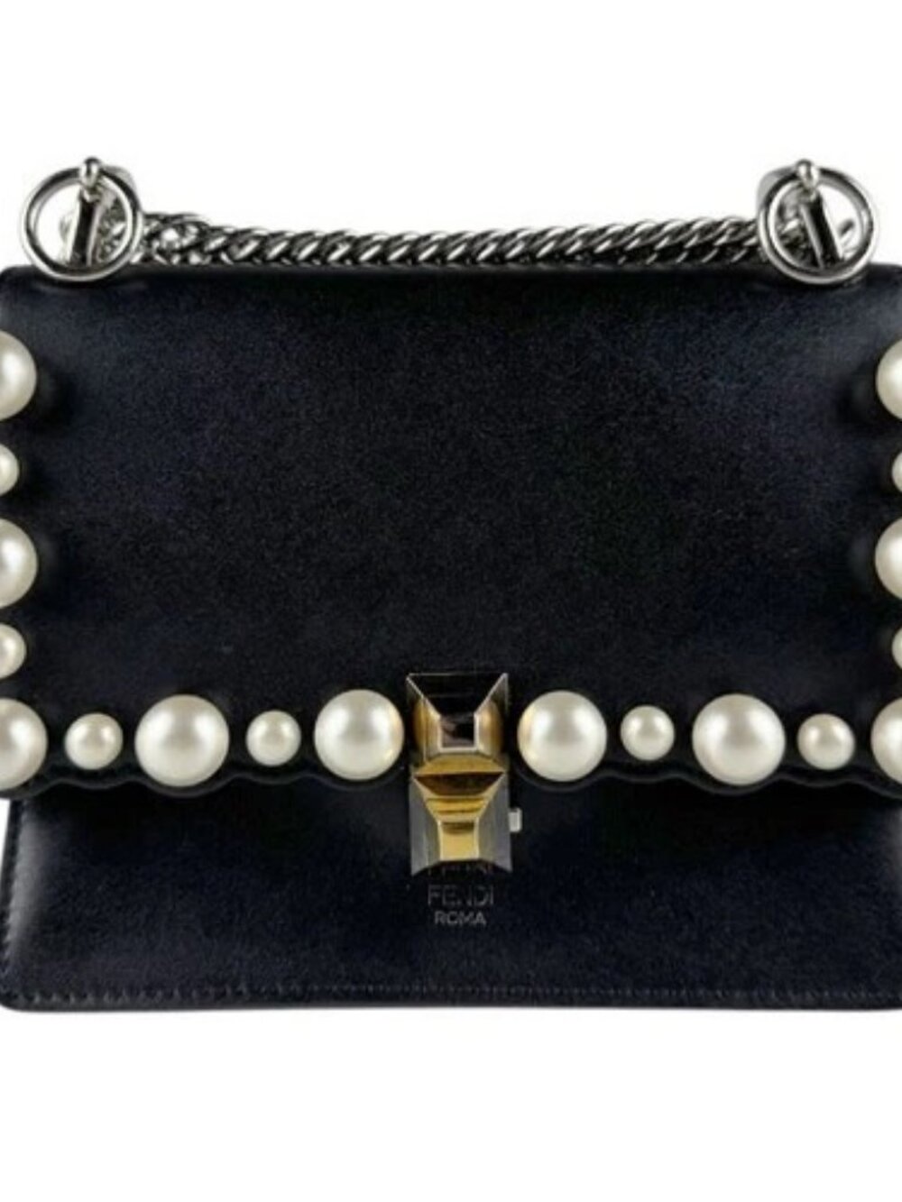 Auth FENDI Kan I Mini Shoulder Bag Black/White/Silver Leather/Metal - z9310